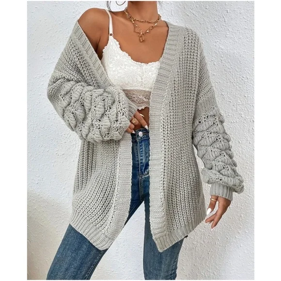 #18 Cozy Grey Open Front Pom Pom Sleeve Cardigan - Picture 4 of 5